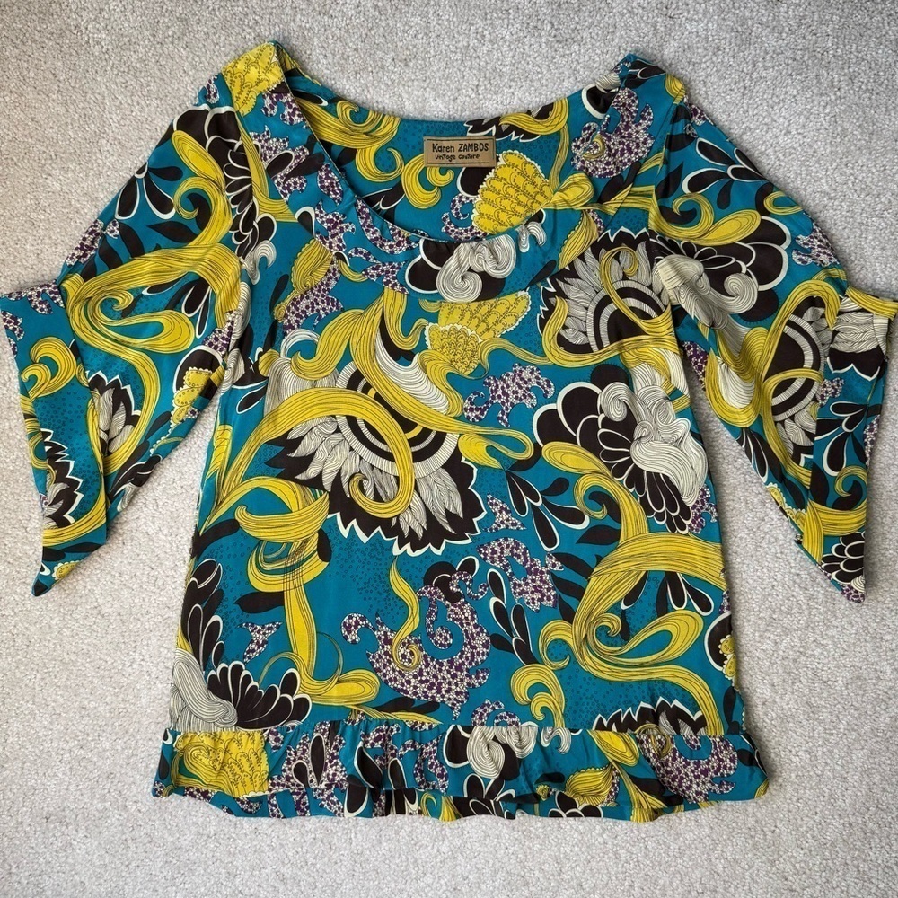 Karen Zambos Vintage Couture Silk Blouse Short Sleeve Ruffle Neck & Hem Boho Med